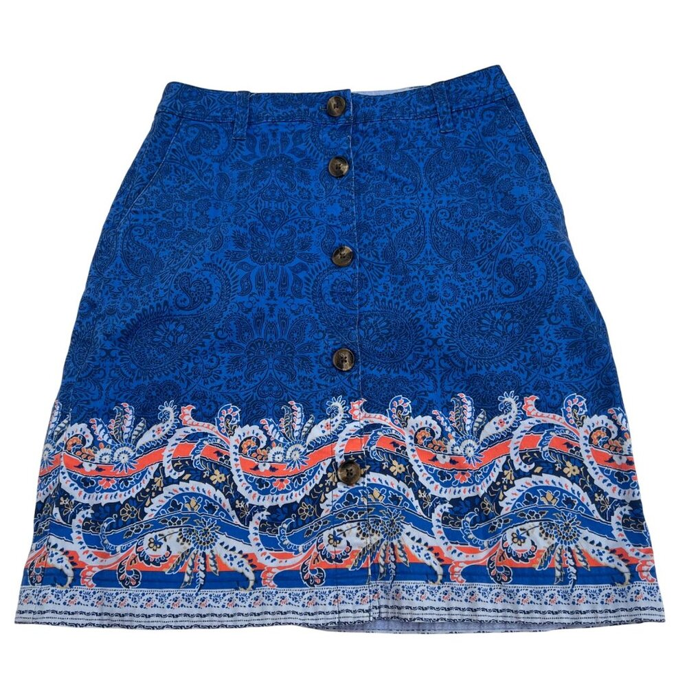 Lands'‎ End Women's Blue Paisley Button Front Skirt size 0p Petite
